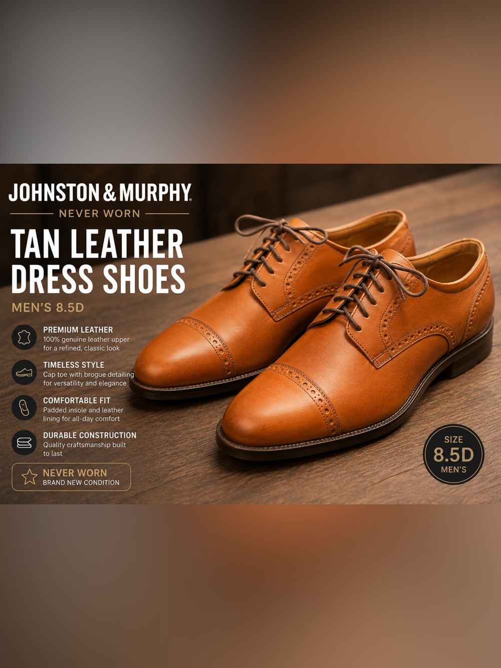 Johnston and Murphy Tan Leather Dress Shoes. Men’s 8.5D. Never worn